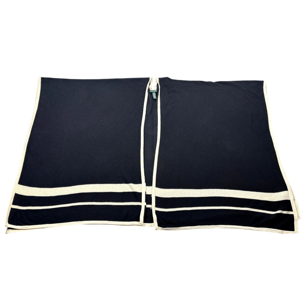 Lauren Ralph Lauren Poncho Womens L XL Black Wool Blend Striped Open Front Ruana
